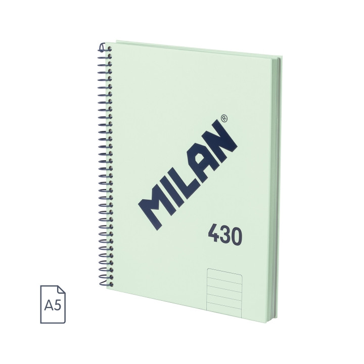 Milan 430 Since 1918 Cuaderno A5 con Espiral - Papel a Lineas de 7mm - 80 Hojas de 95g - Tapa Dura - Color Menta