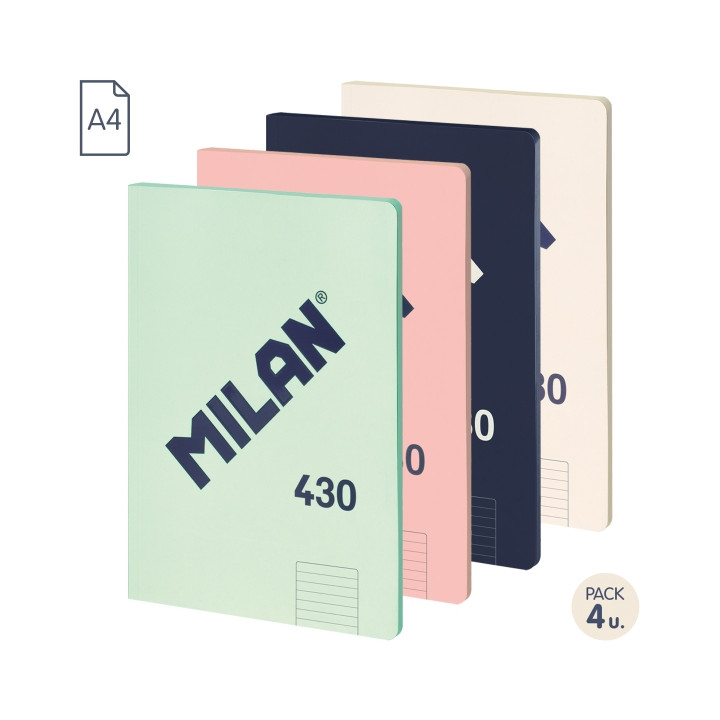 Milan 430 Since 1918 Pack de 4 Libretas A4 Encoladas - Papel a Lineas de 7mm - 48 Hojas de 95g - Colores Surtidos