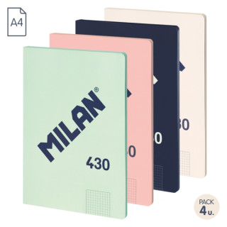 Milan 430 Since 1918 Pack de 4 Libretas A4 Encoladas - Cuadricula 5x5mm - 48 Hojas de 95g - Colores Surtidos