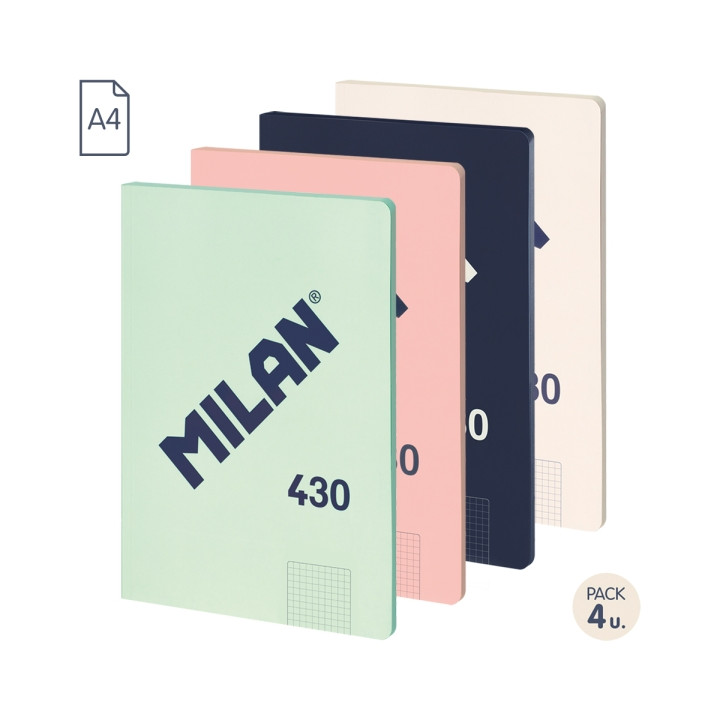 Milan 430 Since 1918 Pack de 4 Libretas A4 Encoladas - Cuadricula 5x5mm - 48 Hojas de 95g - Colores Surtidos