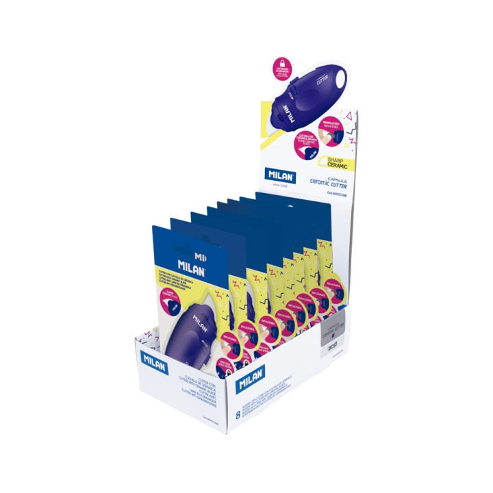 Milan Capsule Acid Expositor con 8 Blisters de Cuters - Hoja Ceramica Reemplazable - Bloqueo de Seguridad - Ergonomico - Color