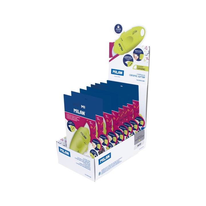 Milan Capsule Acid Expositor con 8 Blisters de Cuters - Hoja Ceramica Reemplazable - Bloqueo de Seguridad - Ergonomico - Color