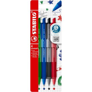 Stabilo Pointball Colorful Pack de 4 Boligrafos Retractiles - Trazo 0.5mm - Hechos con 87% Bioplastico - Grip Antideslizante -