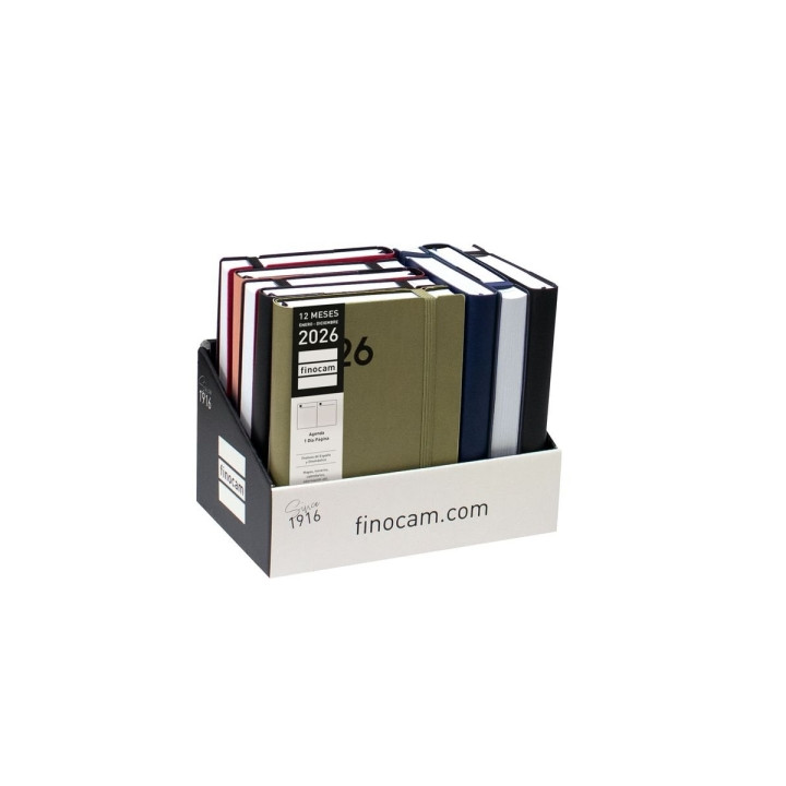 Finocam Dynamic Mara Expositor con 8 Agendas Surtidas - Anual 2026 - Tapa Blanda - Cierre con Goma Elastica - Formato Y4 - 1 Di