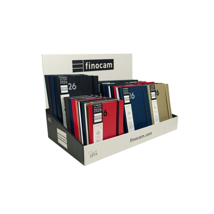 Finocam Dynamic Mara Expositor con 37 Agendas Surtidas - Anual 2026 - Tapa Blanda - Cierre con Goma Elastica - Color Surtidos