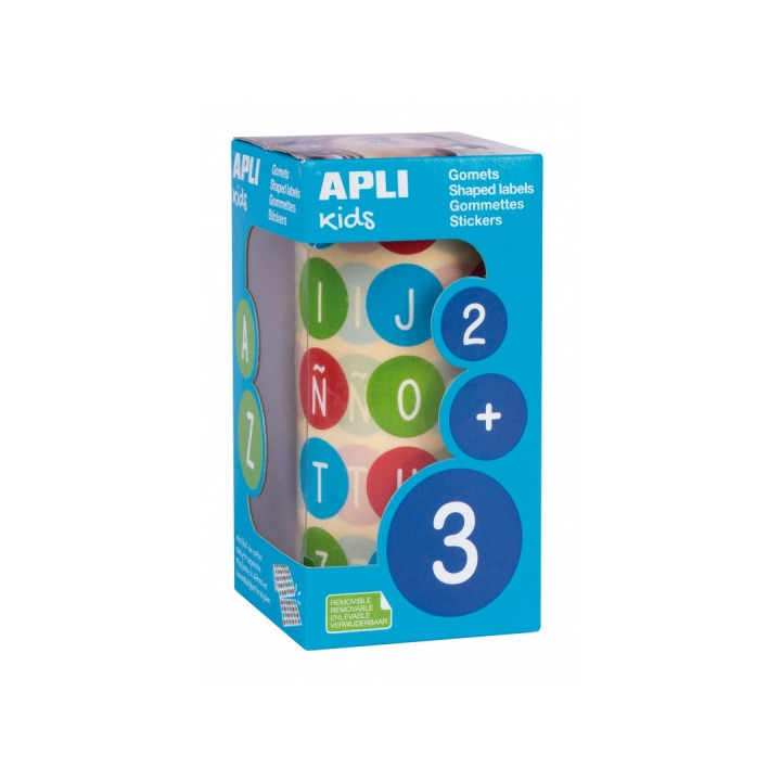 Apli Rollo de Gomets Redondos ABC - Adhesivo Removible - 900 Gomets - Fomenta Aprendizaje - Adhesivo Base Agua - Libre de Disol