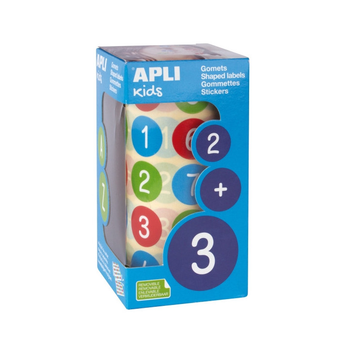 Apli Rollo de 900 Gomets Redondos con Numeros Ø 20 mm - Adhesivo Removible Base Agua - Fomenta Aprendizaje - Libre de Disolven