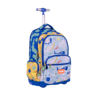 Milan Blue Odyssey Mochila Escolar 25L con Carro Integrado y Mango Metalico Retractil - 3 Bolsillos Delanteros - 2 Bolsillos La