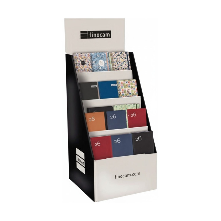 Finocam Expositor de Pie con 60 Agendas de Tapa Dura Surtidas - Anual 2026 - Estructura de Carton - Color Surtidos