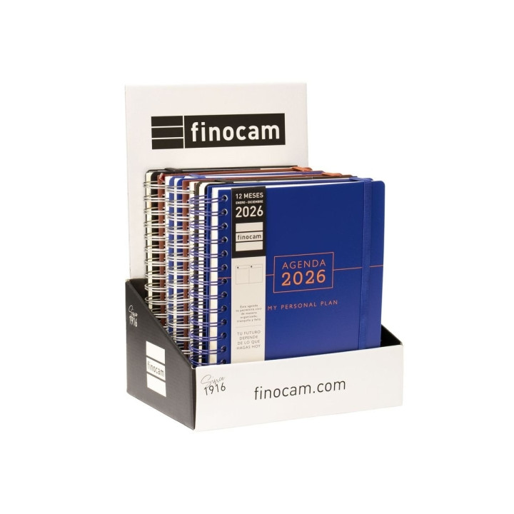Finocam Tempus Expositor con 6 Agendas de Espiral - Anual 2026 - Tapa Extradura - Cierre de Goma - Color Surtidos