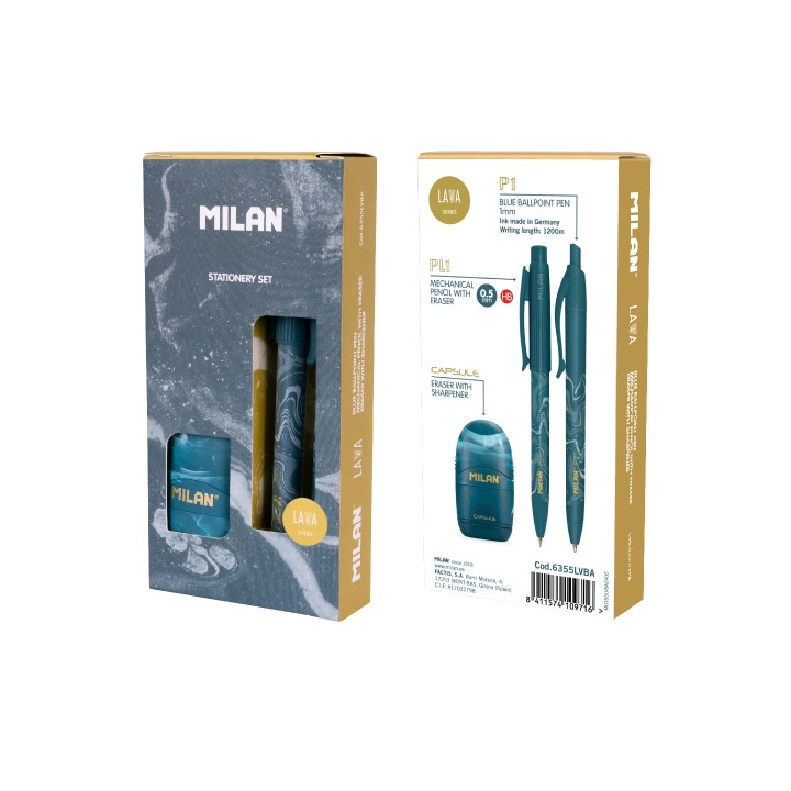 Milan Lava Pack de Boligrafo + Portaminas 0.5mm + Afilaborra - Caja de Regalo - Color Azul