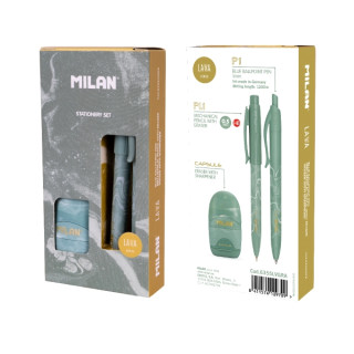 Milan Lava Pack de Boligrafo + Portaminas 0.5mm + Afilaborra - Caja de Regalo - Color Verde