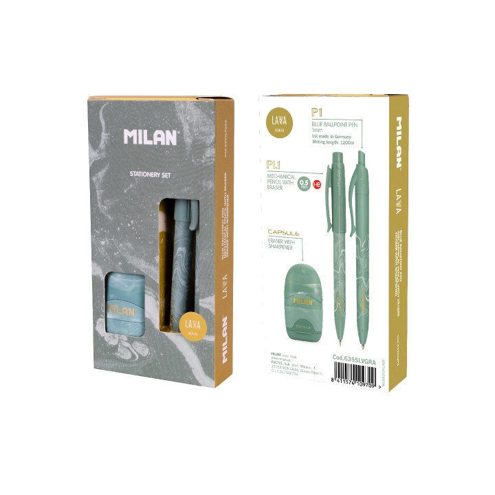 Milan Lava Pack de Boligrafo + Portaminas 0.5mm + Afilaborra - Caja de Regalo - Color Verde