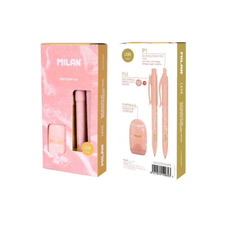 Milan Lava Pack de Boligrafo + Portaminas 0.5mm + Afilaborra - Caja de Regalo - Color Rosa