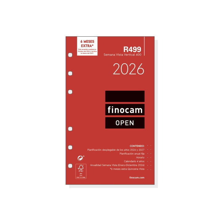 Finocam R499 Recambio Anual 2026 para Agendas Open 2026 - Formato 400 - 91x8x152mm - Semana Vista en Vertical - Color Blanco