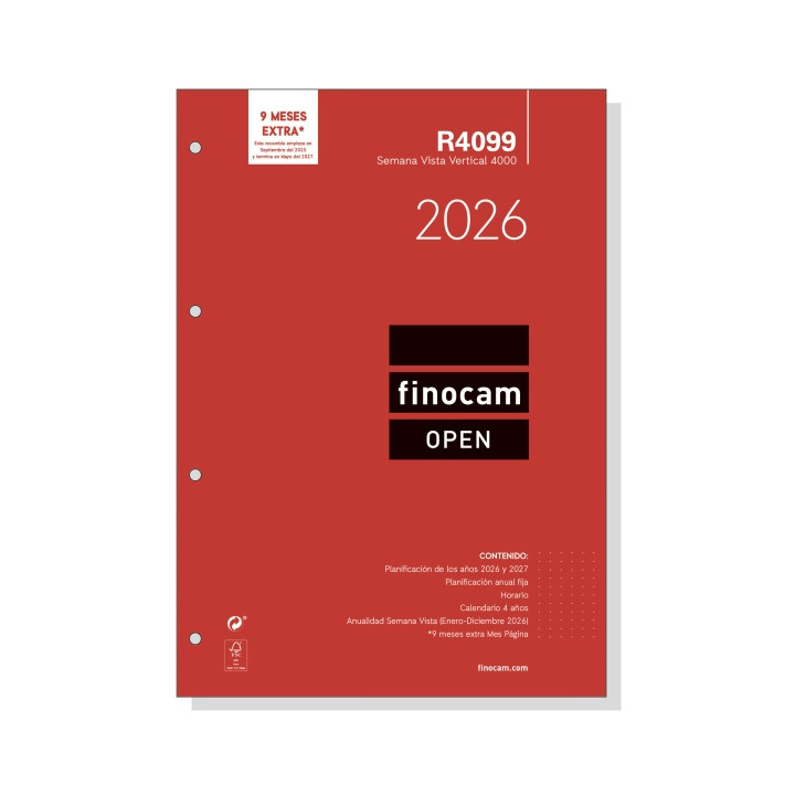 Finocam R4099 Recambio Anual 2026 para Agendas Open 2026 - Formato A4 - 210x6x297mm - Semana Vista en Vertical - Color Blanco