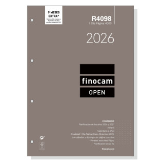 Finocam R4098 Recambio Anual 2026 para Agendas Open 2026 - Formato A4 - 210x17x297mm - 1 Dia por Pagina - Color Blanco