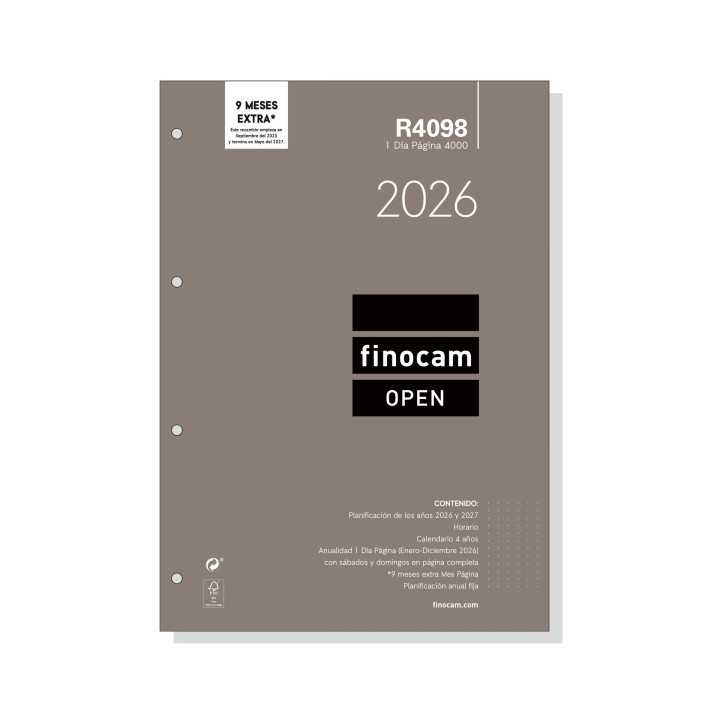 Finocam R4098 Recambio Anual 2026 para Agendas Open 2026 - Formato A4 - 210x17x297mm - 1 Dia por Pagina - Color Blanco