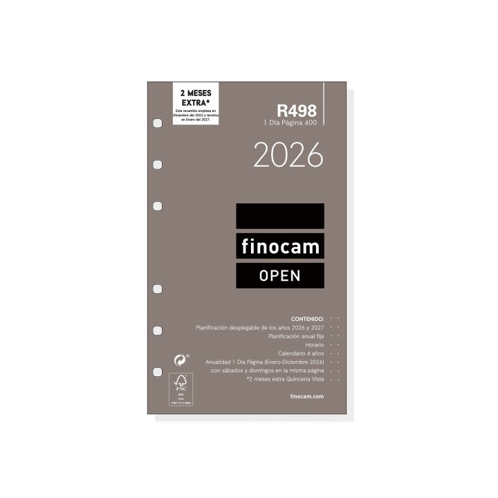 Finocam R498 Recambio Anual 2026 para Agendas Open 2026 - Formato 400 - 91x16x152mm - 1 Dia por Pagina - Color Blanco