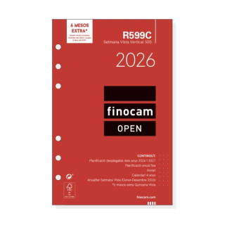 Finocam R599C Recambio Anual 2026 para Agendas Open 2026 en Catalan - Formato 500 - 117x8x181mm - Semana Vista en Vertical - Co