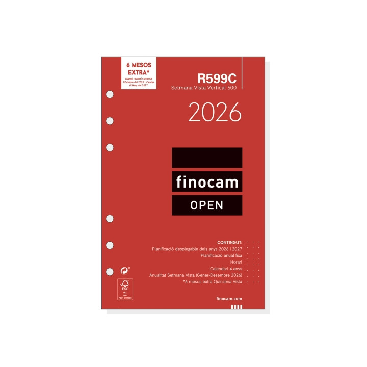 Finocam R599C Recambio Anual 2026 para Agendas Open 2026 en Catalan - Formato 500 - 117x8x181mm - Semana Vista en Vertical - Co