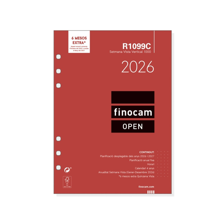 Finocam R1099C Recambio Anual 2026 para Agendas Open 2026 en Catalan - Formato 1000 - 155x7x215mm - Semana Vista en Vertical -