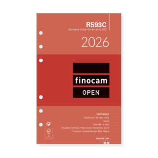 Finocam R593C Recambio Anual 2026 para Agendas Open 2026 en Catalan - Formato 500 - 117x6x181mm - Semana Vista Horizontal - Col