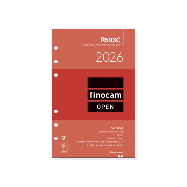 Finocam R593C Recambio Anual 2026 para Agendas Open 2026 en Catalan - Formato 500 - 117x6x181mm - Semana Vista Horizontal - Col