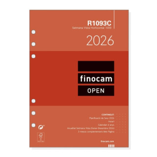 Finocam R1093C Recambio para Agendas Open en Catalan - Anual 2026 - Formato 1000 - 155x6x215mm - Semana Vista Horizontal - Colo