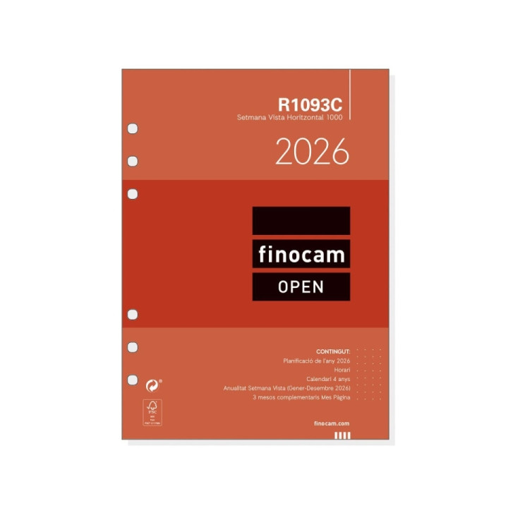 Finocam R1093C Recambio para Agendas Open en Catalan - Anual 2026 - Formato 1000 - 155x6x215mm - Semana Vista Horizontal - Colo