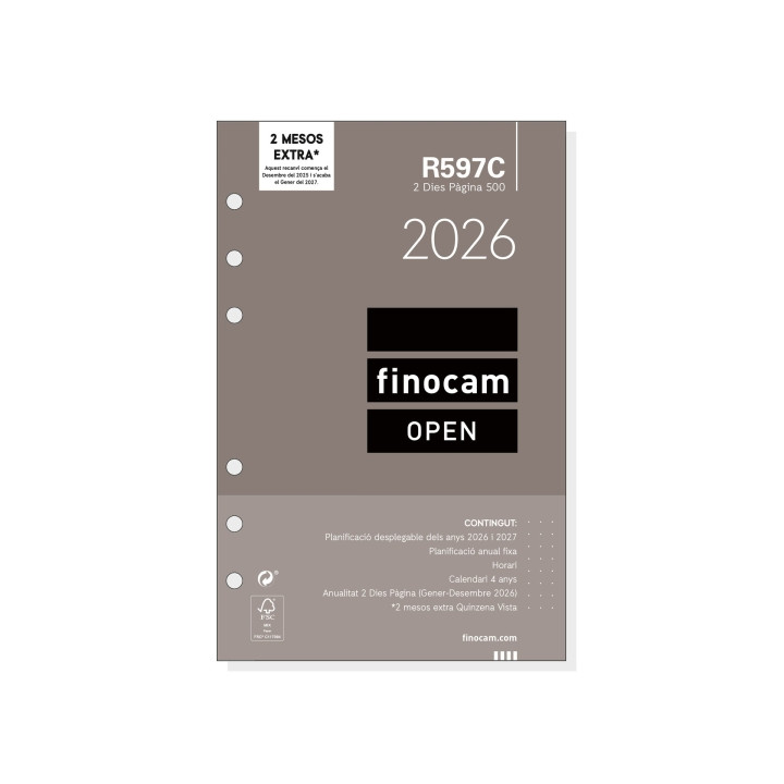 Finocam R597C Recambio Anual 2026 para Agendas Open 2026 en Catalan - Formato 500 - 117x11x181mm - 2 Dias por Pagina - Color Bl
