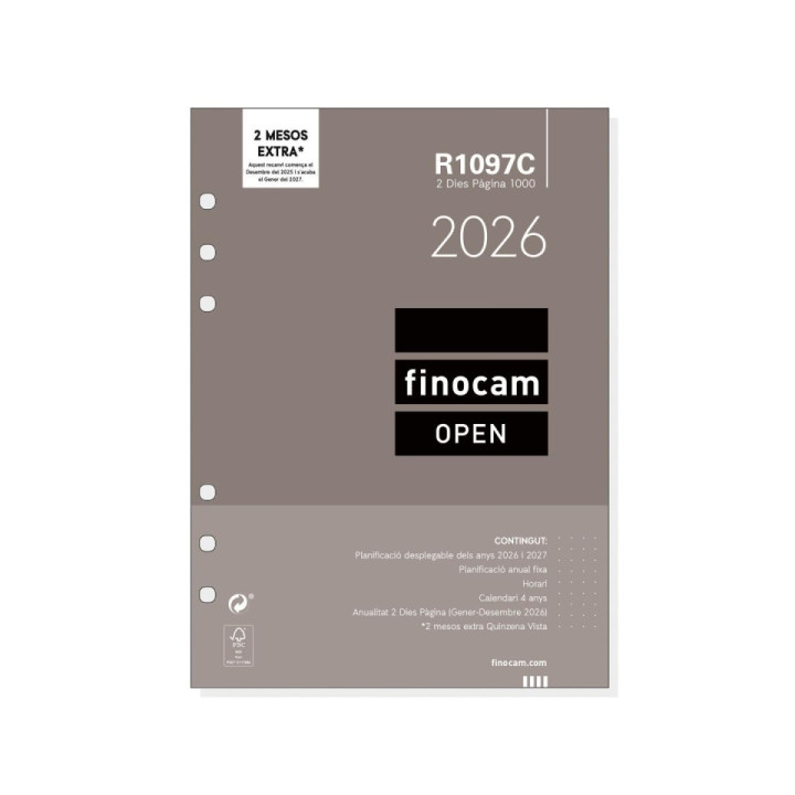 Finocam R1097C Recambio para Agendas Open en Catalan - Anual 2026 - Formato 1000 - 155x11x215mm - 2 Dias por Pagina - Color Bla