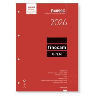 Finocam R4099C Recambio Anual 2026 para Agendas Open 2026 en Catalan - Formato A4 - 210x6x297mm - Semana Vista en Vertical - Co