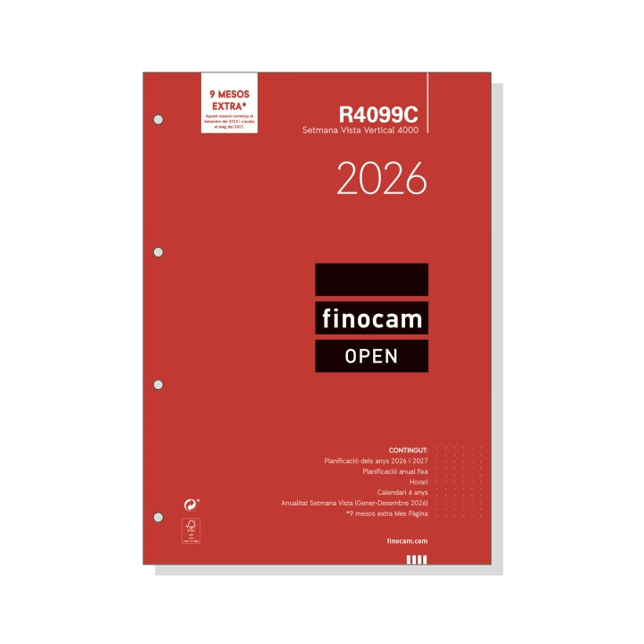 Finocam R4099C Recambio Anual 2026 para Agendas Open 2026 en Catalan - Formato A4 - 210x6x297mm - Semana Vista en Vertical - Co