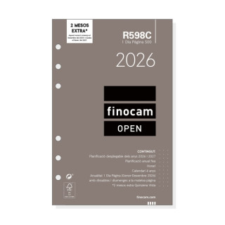 Finocam R598C Recambio Anual 2026 para Agendas Open 2026 en Catalan - Formato 500 - 117x16x181mm - 1 Dia por Pagina - Color Bla