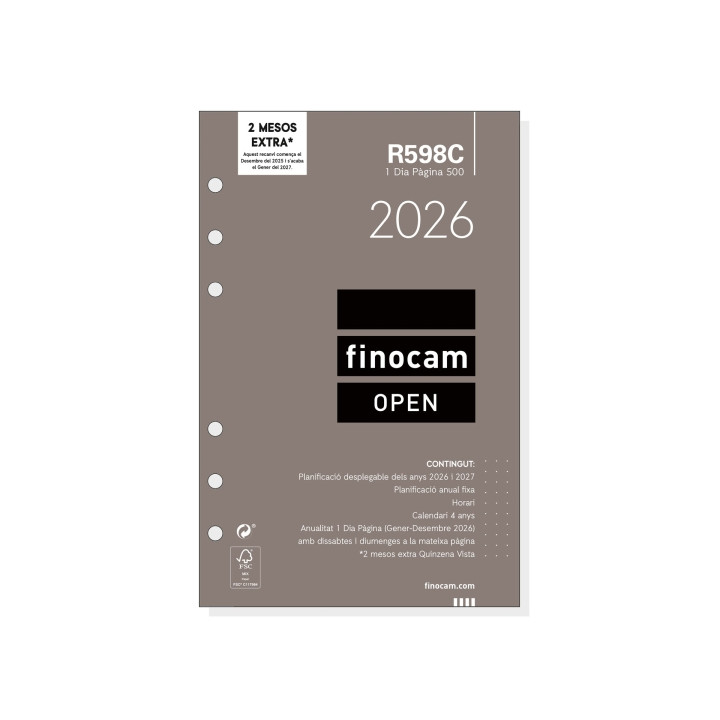 Finocam R598C Recambio Anual 2026 para Agendas Open 2026 en Catalan - Formato 500 - 117x16x181mm - 1 Dia por Pagina - Color Bla