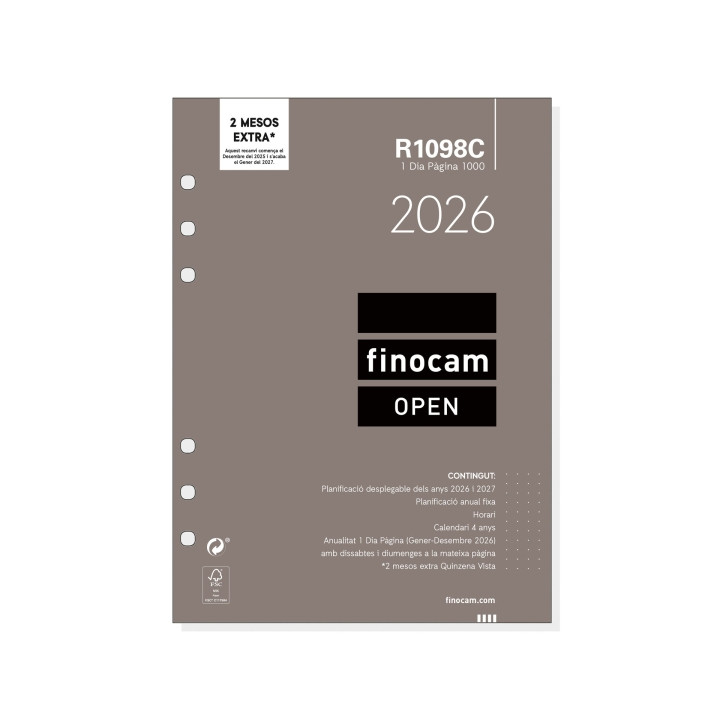 Finocam R1098C Recambio Anual 2026 para Agendas Open 2026 en Catalan - Formato 1000 - 155x15x215mm - 1 Dia por Pagina - Color B
