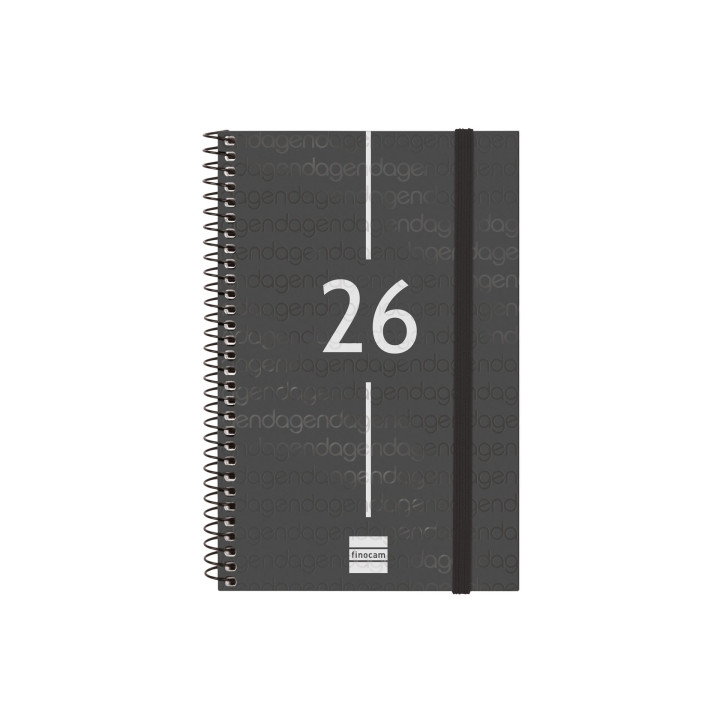 Finocam Year Agenda de Espiral - Anual 2026 - Tapa Ligera - Formato E5 - 125x14x181mm - Semana Vista Horizontal - Color Negro