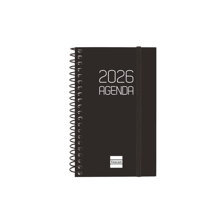 Finocam Opaque Agenda de Espiral - Anual 2026 - Tapa Ligera - Cierre con Goma Elastica - Formato E3 - 85x14x127mm - Semana Vist