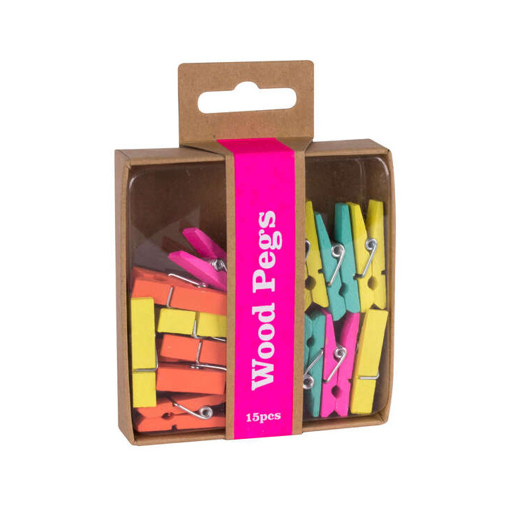 Apli Fluor Collection Pinzas de Madera - 15 Unidades de Colores Fluorescentes - Caja Kraft con Eurohole - Recambio para Exposit