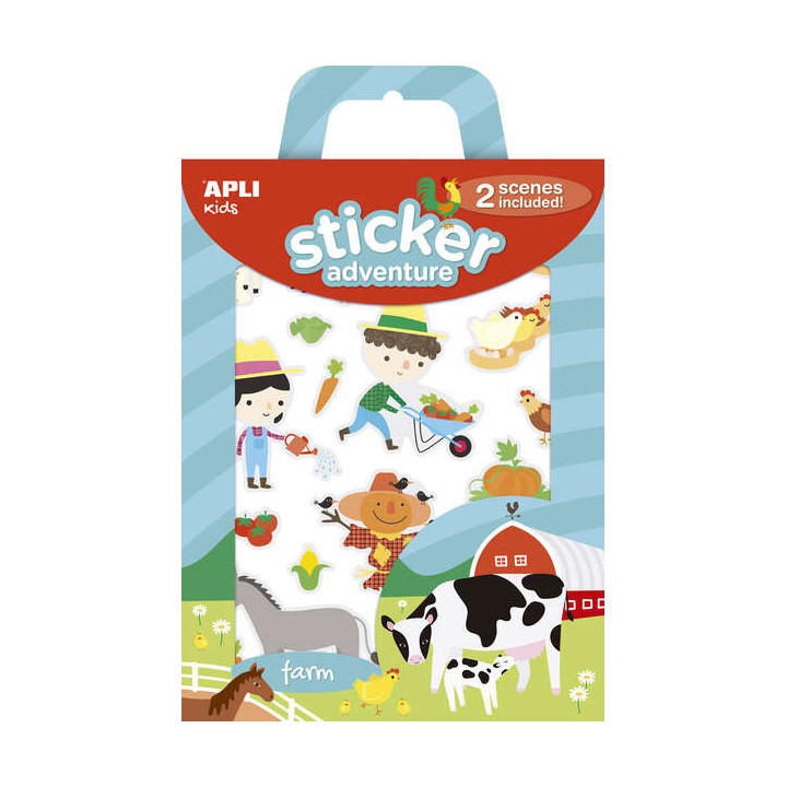 Apli Juego de Pegatinas de Papel Granja - 2 Escenarios 45x20cm - 42 Gomets Removibles - Formato Reducido con Cajita Asa - Ideal