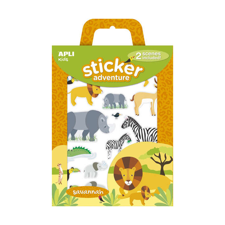 Apli Pack de 34 Pegatinas con Tematica Animales de la Sabana - Incluye 2 Escenarios 45x20cm y 34 Pegatinas - Ideal para Crear H