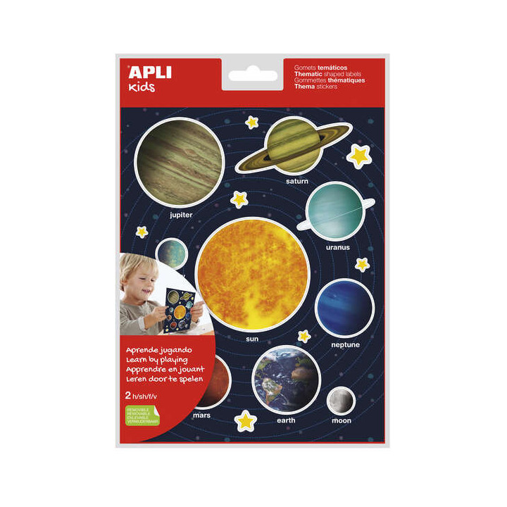 Apli Bolsa de Gomets Tematicos Sistema Solar - 40 Gomets en 2 Hojas - Adhesivo Removible - Ayuda Al Aprendizaje Visual y Motor