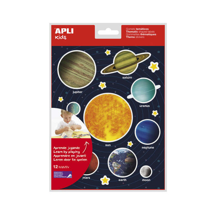 Apli Gomets Tematicos Sistema Solar - 240 Gomets en 12 Hojas - Adhesivo Removible - Ideal para Aprendizaje Visual y Habilidades