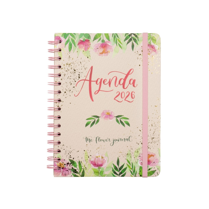 Finocam Flower Journal Agenda de Espiral - Anual 2026 - Tapa Dura - Cierre de Goma - Formato E10 - 155X212mm - Semana Vista Hor