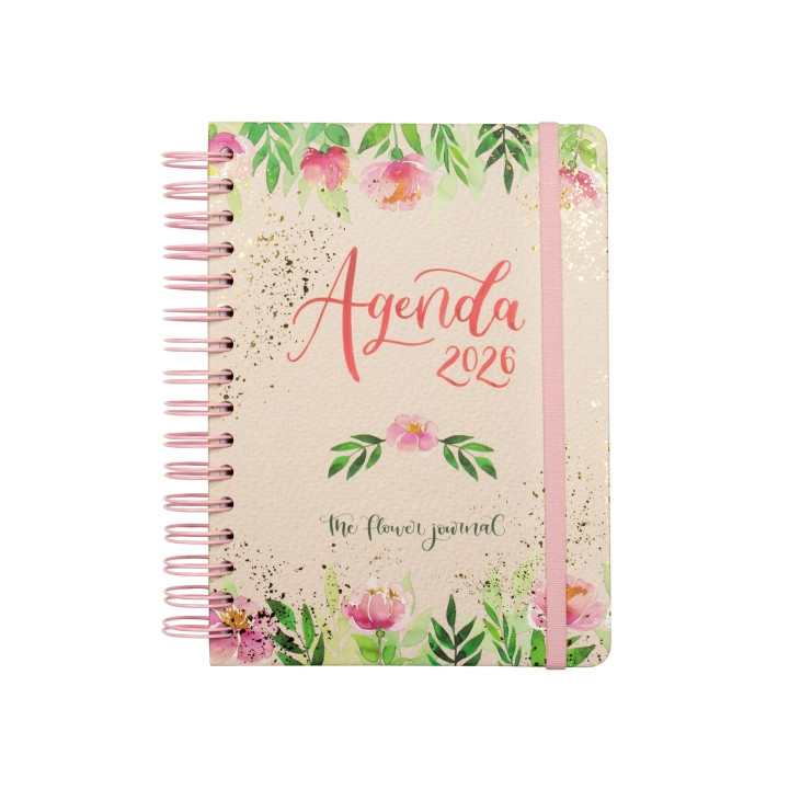 Finocam Flower Journal Agenda de Espiral - Anual 2026 - Tapa Dura - Cierre de Goma - Formato E10 - 155X212mm - 1 Dia por Pagina