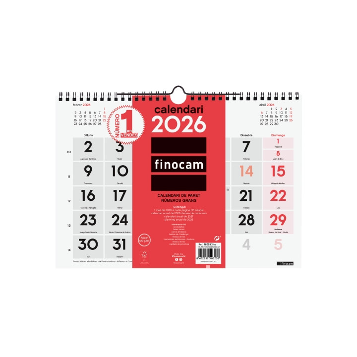 Finocam Calendario de Pared en Catalan - Anual 2026 - Formato M - 300x5x220mm - Numeros Grandes - Color Blanco y Rojo