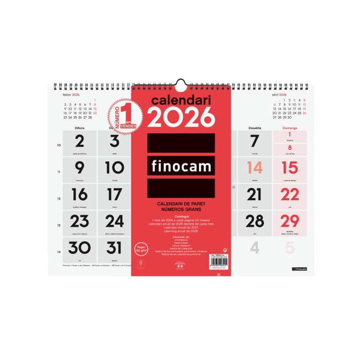 Finocam Calendario de Pared en Catalan - Anual 2026 - 430x5x320mm - Numeros Grandes - Color Blanco y Rojo