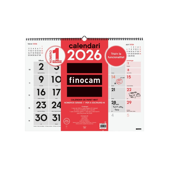 Finocam Calendario de Pared en Catalan - Anual 2026 - Espacio para Escribir - Formato XL - 540x5x430mm - Numeros Grandes - Colo