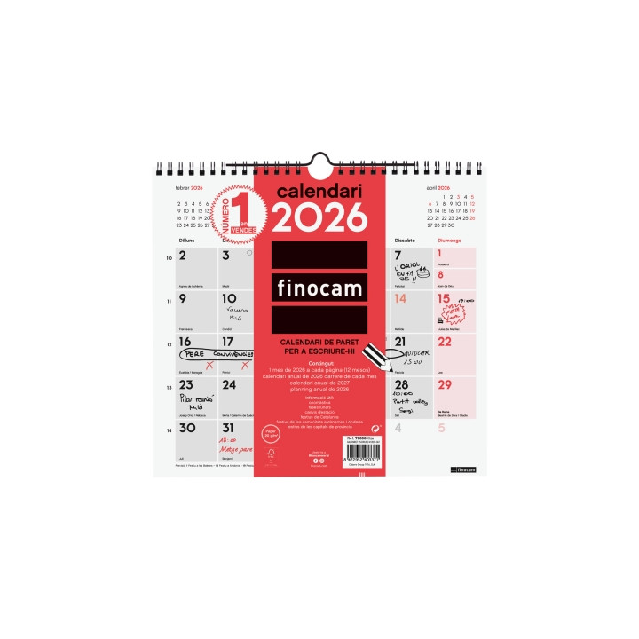 Finocam Calendario de Pared en Catalan - Anual 2026 - Formato M - 265x5x255mm - Espacio para Escribir - Color Blanco y Rojo